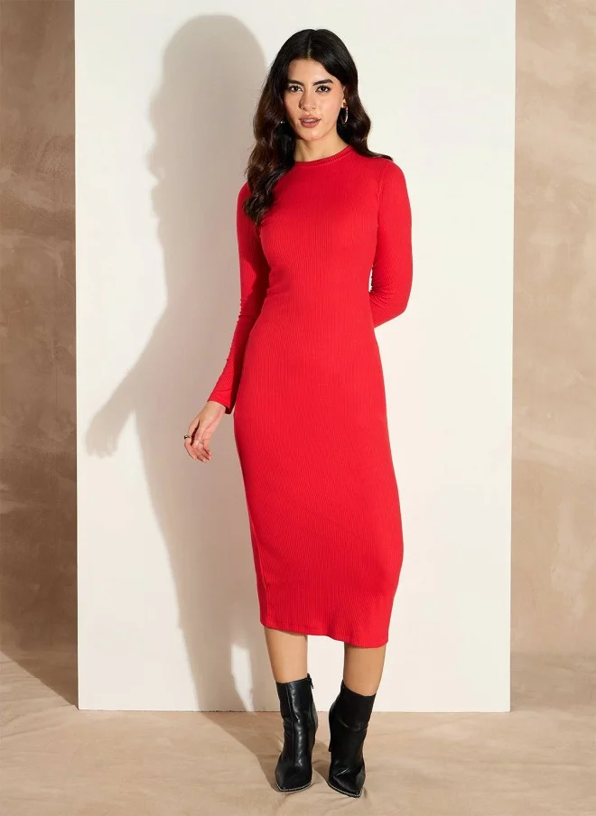 SASSAFRAS Red Bodycon Midi Dress for Women