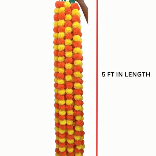 Ayunix Artificial Marigold Garland Mala Flower Genda Phool Long for Decoration, Home,Wedding, Festivals, Durga Pooja, Diwali, Ganesh Chaturthi 10Pcs (Yellow + Orange) - Image 4