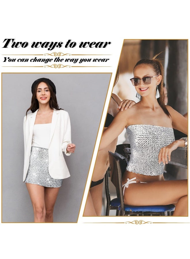 Womens Sparkly Sequin Mermaid Crop Tops with Metal Mesh Drop Dangle Earrings, Strapless Metallic Tube for Party Clubwear - Image 4