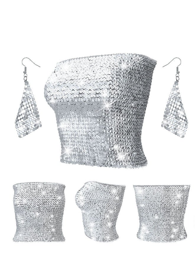 Womens Sparkly Sequin Mermaid Crop Tops with Metal Mesh Drop Dangle Earrings, Strapless Metallic Tube for Party Clubwear - Image 1