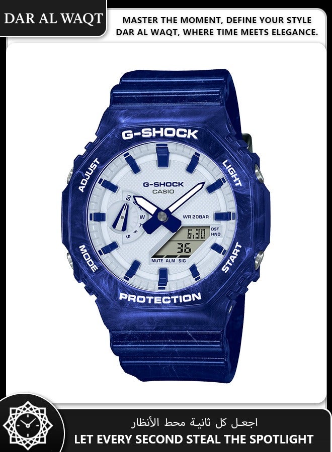 كاسيو ساعة كاسيو جي شوك GA-2100BWP-2A إصدار الخزف والتنين المحدود - تصميم خزفي أزرق وأبيض، لمسات معدنية، نقش تنين، مقاومة للصدمات - Image 1