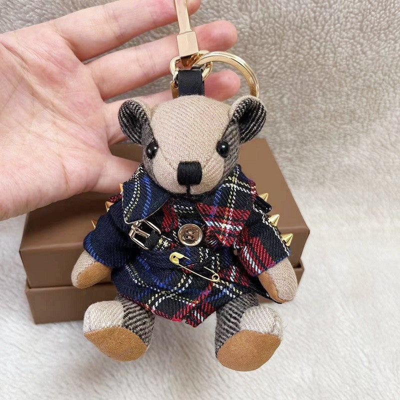 Handmade Cashmere Plaid Teddy Bear Keychain Blue Check Studded Windbreaker Bear 