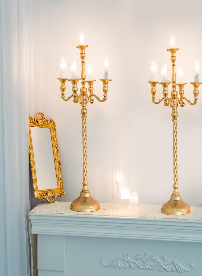 شمعدان ذهبي طويل بخمسة أذرع، قطعة مركزية للطاولة، حامل شموع معدني بطول 24.8 بوصة، قطعتان من الشمعدانات الكلاسيكية لتزيين الطاولات في الحفلات والمناسبات والمنازل وحفلات الزفاف - Image 4