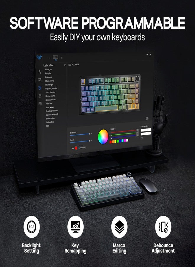 MechLands AULA F75 PRO 75% Mechanical Custom Creamy Keyboard, BT5.0/USB-C/2.4GHz Wireless Gaming Keyboard, Gasket Structure, Hot Swappable, Knob, RGB, Reaper Switches for Win/Mac (Gradient Black) - Image 5