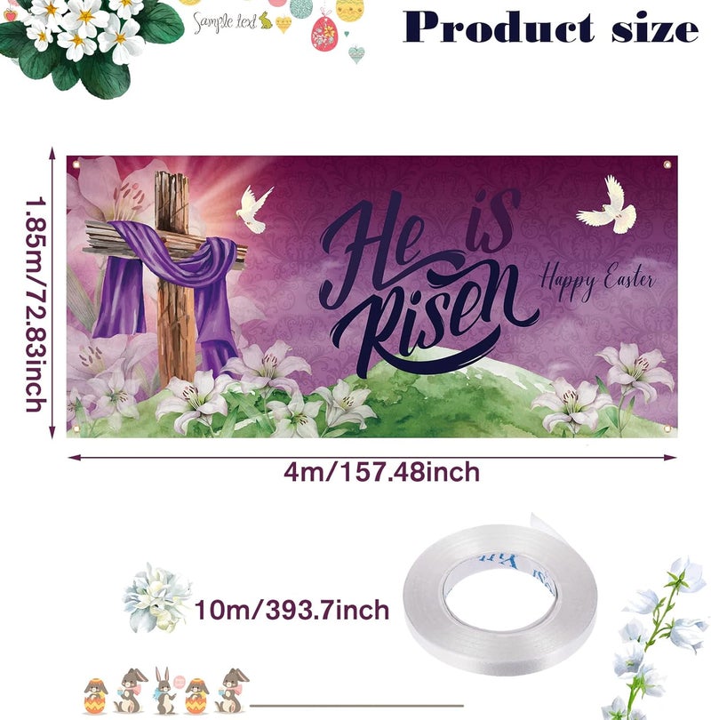 Moukeren He Is Risen Easter Garage Door Banner Decorations 6 x 13 ft Large Happy Easter Backdrop Cover for Spring Home Indoor Outdoor Party Holiday Cross Religious Photography Background - Image 2
