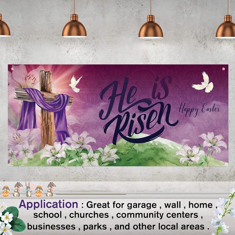 Moukeren He Is Risen Easter Garage Door Banner Decorations 6 x 13 ft Large Happy Easter Backdrop Cover for Spring Home Indoor Outdoor Party Holiday Cross Religious Photography Background - Image 4