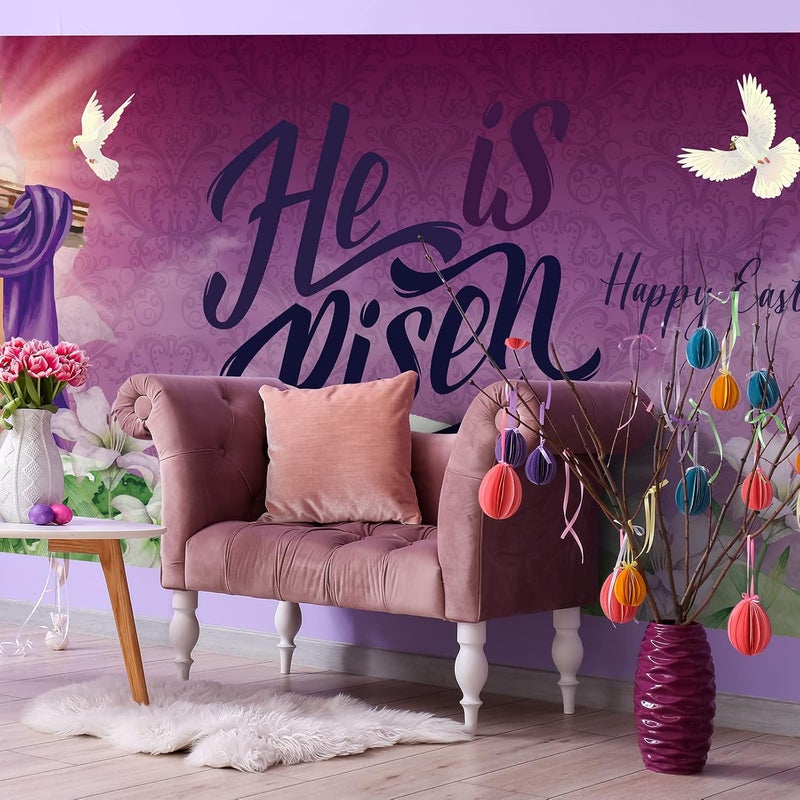 Moukeren He Is Risen Easter Garage Door Banner Decorations 6 x 13 ft Large Happy Easter Backdrop Cover for Spring Home Indoor Outdoor Party Holiday Cross Religious Photography Background - Image 5