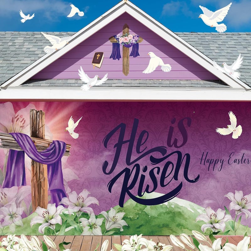 Moukeren He Is Risen Easter Garage Door Banner Decorations 6 x 13 ft Large Happy Easter Backdrop Cover for Spring Home Indoor Outdoor Party Holiday Cross Religious Photography Background - Image 1