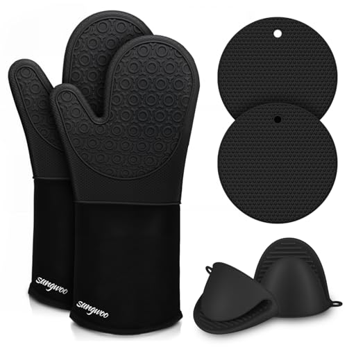 sungwoo 6pcs Silicone Oven Mitts and Pot Holders Sets 146 Inch Heat Resistant Oven Gloves with Quilted Liner NonSlip Textured Grip Perfect for BBQ Baking Cooking and Grilling Black - Image 1