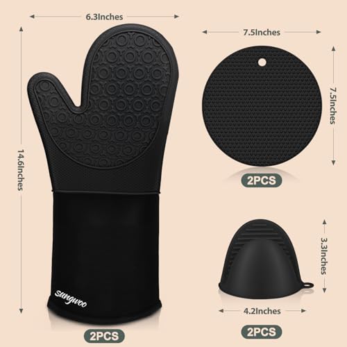 sungwoo 6pcs Silicone Oven Mitts and Pot Holders Sets 146 Inch Heat Resistant Oven Gloves with Quilted Liner NonSlip Textured Grip Perfect for BBQ Baking Cooking and Grilling Black - Image 3