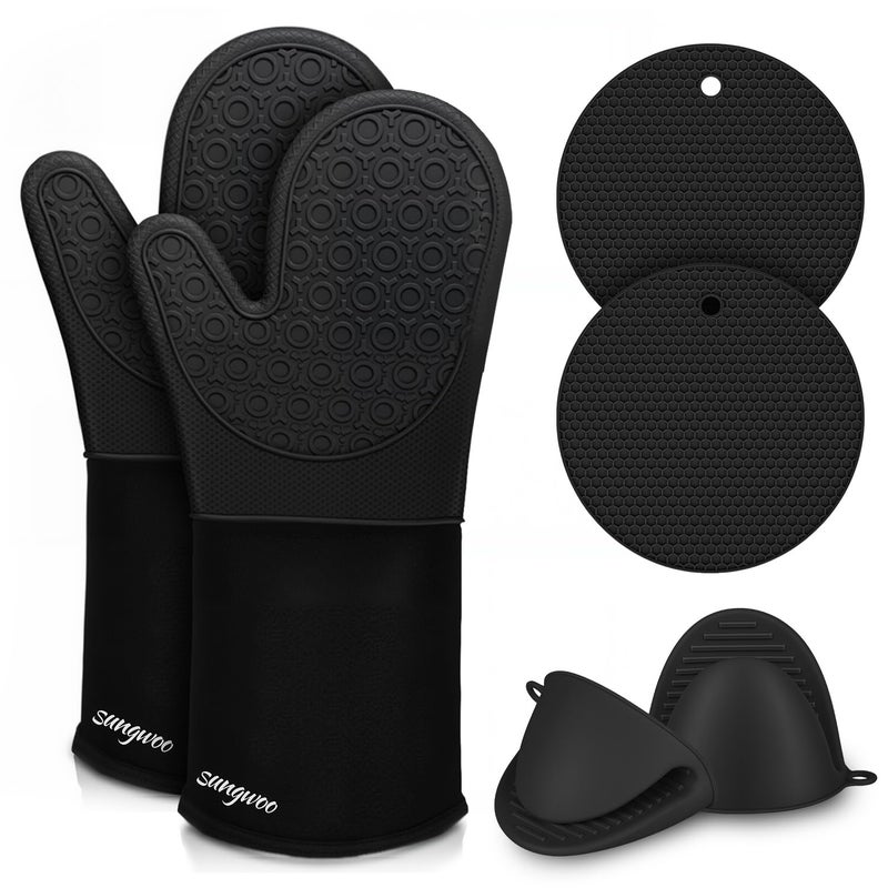 sungwoo 6pcs Silicone Oven Mitts and Pot Holders Sets 146 Inch Heat Resistant Oven Gloves with Quilted Liner NonSlip Textured Grip Perfect for BBQ Baking Cooking and Grilling Black - Image 2