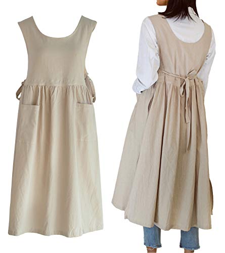 losofar Women Plus Size Cotton Linen Vintage Pleated Split Apron Pinafore Dress with Two Pockets (beige, 43.4" L) - Image 1