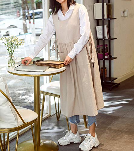 losofar Women Plus Size Cotton Linen Vintage Pleated Split Apron Pinafore Dress with Two Pockets (beige, 43.4" L) - Image 4