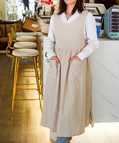 losofar Women Plus Size Cotton Linen Vintage Pleated Split Apron Pinafore Dress with Two Pockets (beige, 43.4" L) - Image 3