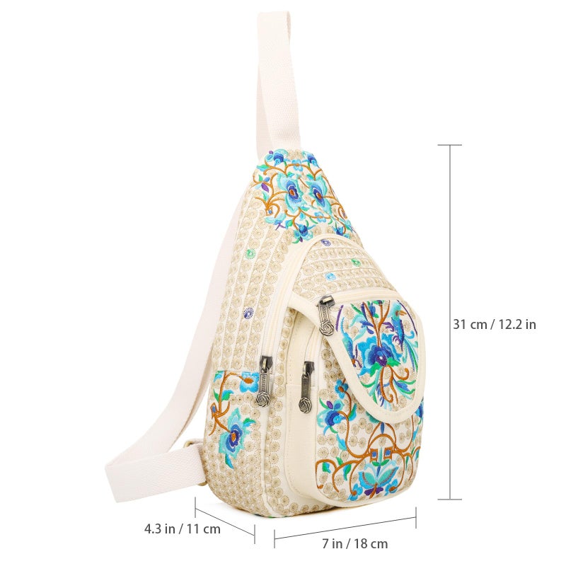 SILKAREA Vintage Canvas Small Sling Bag for Women's Chest Purses Handbag Crossbody Bag Boho Embroidered Backpack Purse (Beige Blue) - Image 3