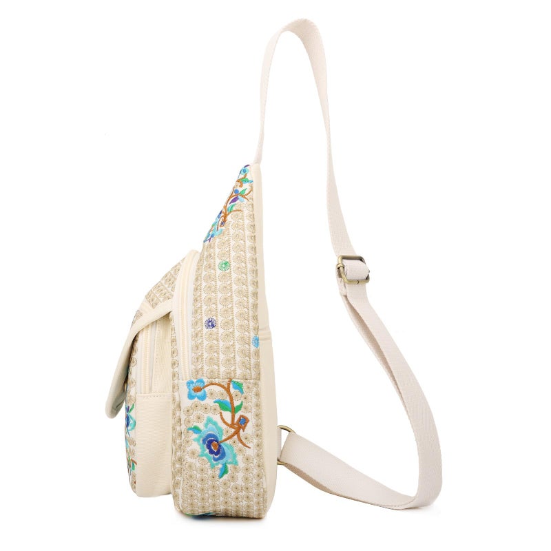 SILKAREA Vintage Canvas Small Sling Bag for Women's Chest Purses Handbag Crossbody Bag Boho Embroidered Backpack Purse (Beige Blue) - Image 4