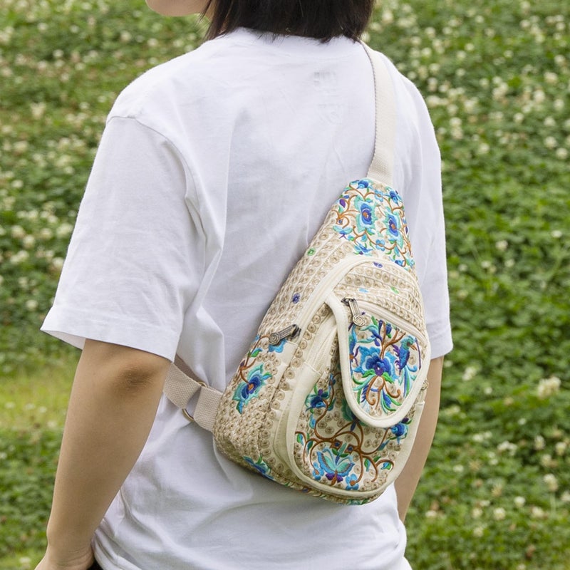 SILKAREA Vintage Canvas Small Sling Bag for Women's Chest Purses Handbag Crossbody Bag Boho Embroidered Backpack Purse (Beige Blue) - Image 2