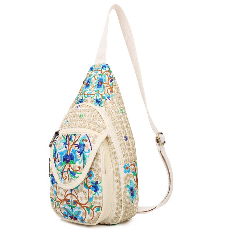 SILKAREA Vintage Canvas Small Sling Bag for Women's Chest Purses Handbag Crossbody Bag Boho Embroidered Backpack Purse (Beige Blue) - Image 1