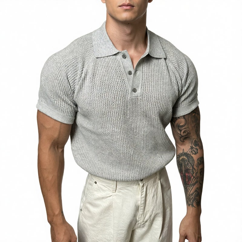 Men's Honeycomb Knitted Short Sleeve Polo Shirt Business Casual T-Shirt - Image 1