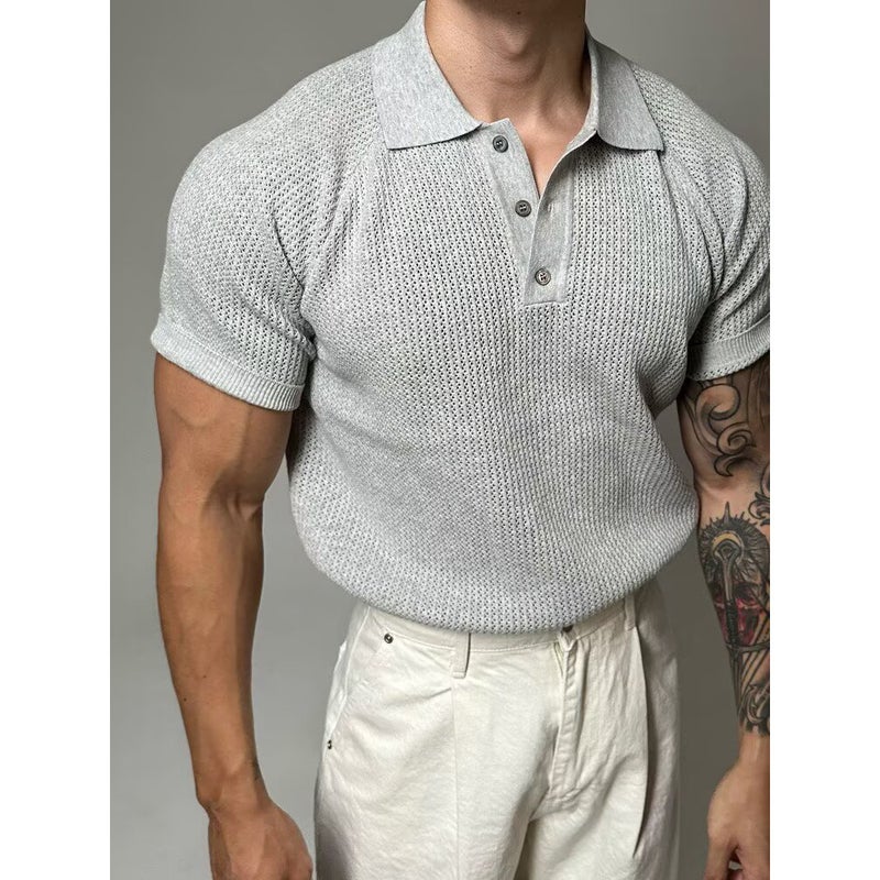 Men's Honeycomb Knitted Short Sleeve Polo Shirt Business Casual T-Shirt - Image 3