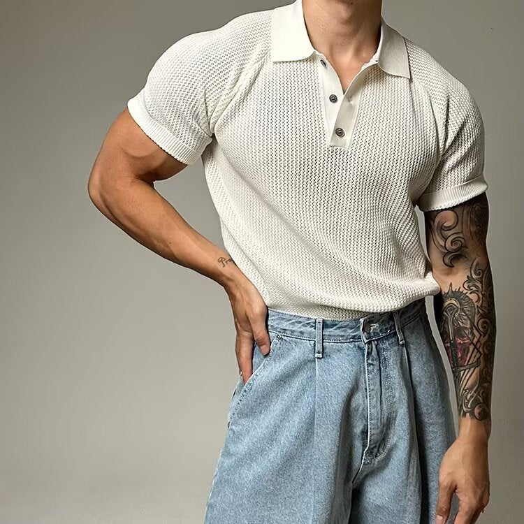 Men's Honeycomb Knitted Short Sleeve Polo Shirt Business Casual T-Shirt - Image 2