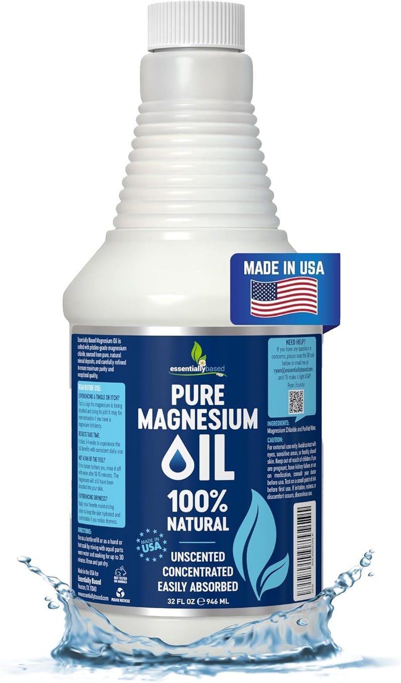 essentiallybased Pure Magnesium Oil Spray 32oz - Topical Magnesium Spray for Sleep Extra Strength - Less Sting - Less Itch - 100% Natural and Organic Oil - Made in USA - Image 1