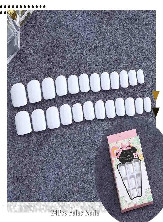 Yalice Black Press on Nail Square Short Fake Nails Acrylic Full Cover Glossy Stick on Nails Prom Fingernails Daily False Nails for Women and Girls 24Pcs (White, One Size) - Image 3