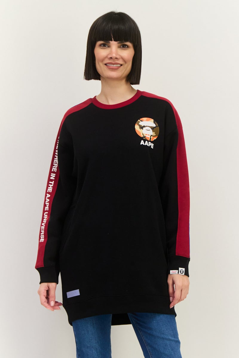 Aape By A Bathing Ape سويت شيرت نسائي بأكمام طويلة وطباعة جرافيك على شكل طاقم، مجموعة سوداء - Image 1