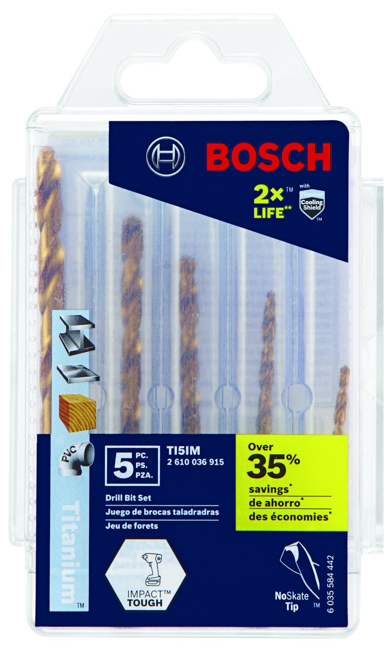 Bosch Ti5Im 5-Piece Assorted Set Titanium Nitride Coated Metal Drill Bits With Included Case Impact Tough With Impact-Rated Hex Shank Ideal For Heavy-Gauge Carbon Steels, Light Gauge Metal, Hardwood - Image 1