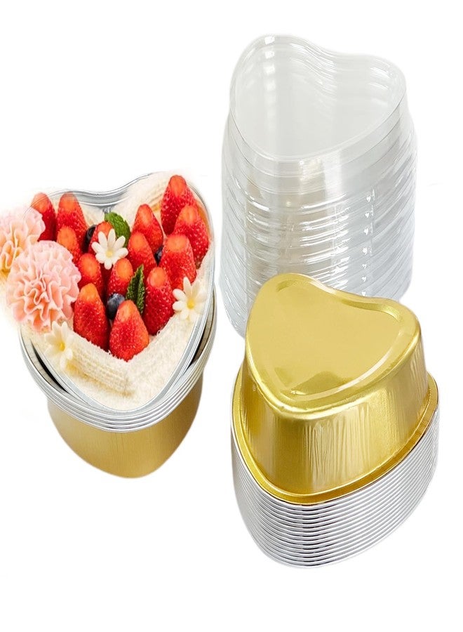 IVICOO Mini Cake Pans With Lids,Heart Shaped Cake Pans,20 Pcs 3.7oz/110ml Aluminum Foil Mini Disposable Heart Shaped Containers for Mother'S Day, Weddings and Birthdays Party (Golden) - Image 1