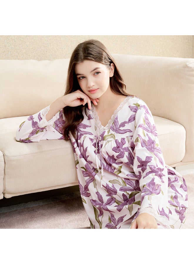 Meibiao Spring Autumn New Women's Pajamas 100% Cotton Long Sleeve Knit Full Cotton Homewear Pants Mist Purple L - Image 2