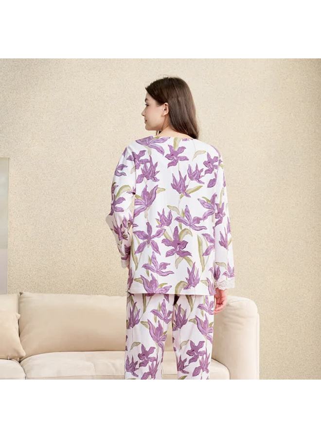 Meibiao Spring Autumn New Women's Pajamas 100% Cotton Long Sleeve Knit Full Cotton Homewear Pants Mist Purple L - Image 5