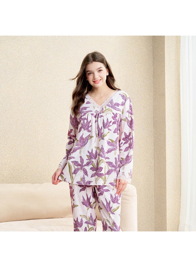 Meibiao Spring Autumn New Women's Pajamas 100% Cotton Long Sleeve Knit Full Cotton Homewear Pants Mist Purple L - Image 3