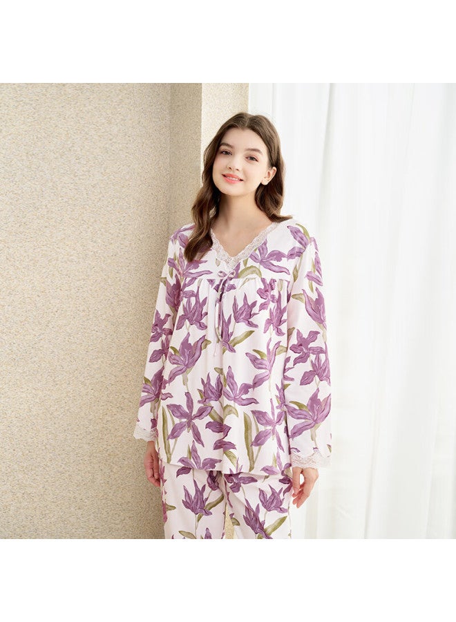 Meibiao Spring Autumn New Women's Pajamas 100% Cotton Long Sleeve Knit Full Cotton Homewear Pants Mist Purple L - Image 4