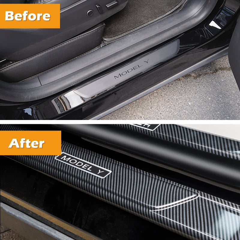 FLAMPETUS Door Sill Protector for Tesla Model Y, 4 Pieces Door Entry Protectors Strips for Outer Side, Tesla Model Y Accessories 2021 2022 2023 2024 for 5-Seater, Glossy Carbon Fiber Pattern - Image 3