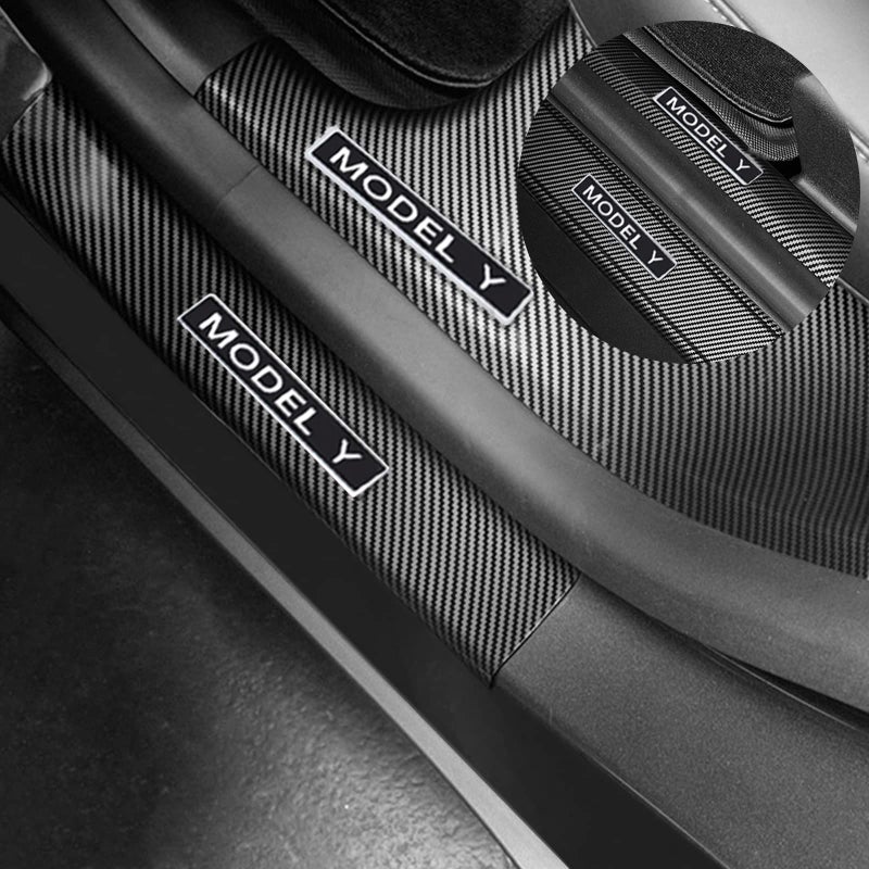 FLAMPETUS Door Sill Protector for Tesla Model Y, 4 Pieces Door Entry Protectors Strips for Outer Side, Tesla Model Y Accessories 2021 2022 2023 2024 for 5-Seater, Glossy Carbon Fiber Pattern - Image 1