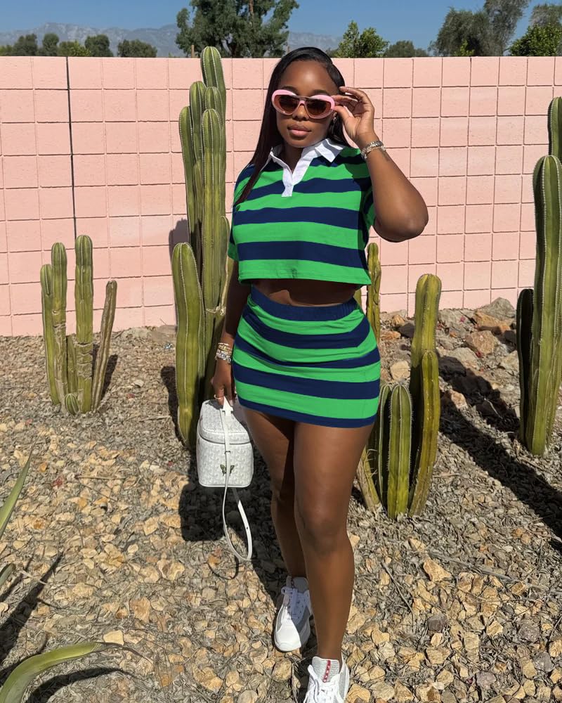 HBQ Women's Casual Two Piece Skirt Sets Polo Collar Crop Top Striped Mini Dress Summer Vacation-Stripe-M - Image 2