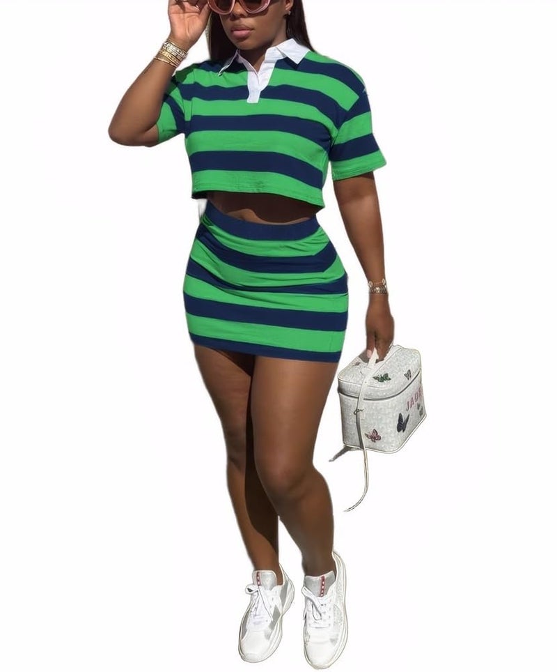 HBQ Women's Casual Two Piece Skirt Sets Polo Collar Crop Top Striped Mini Dress Summer Vacation-Stripe-M - Image 1