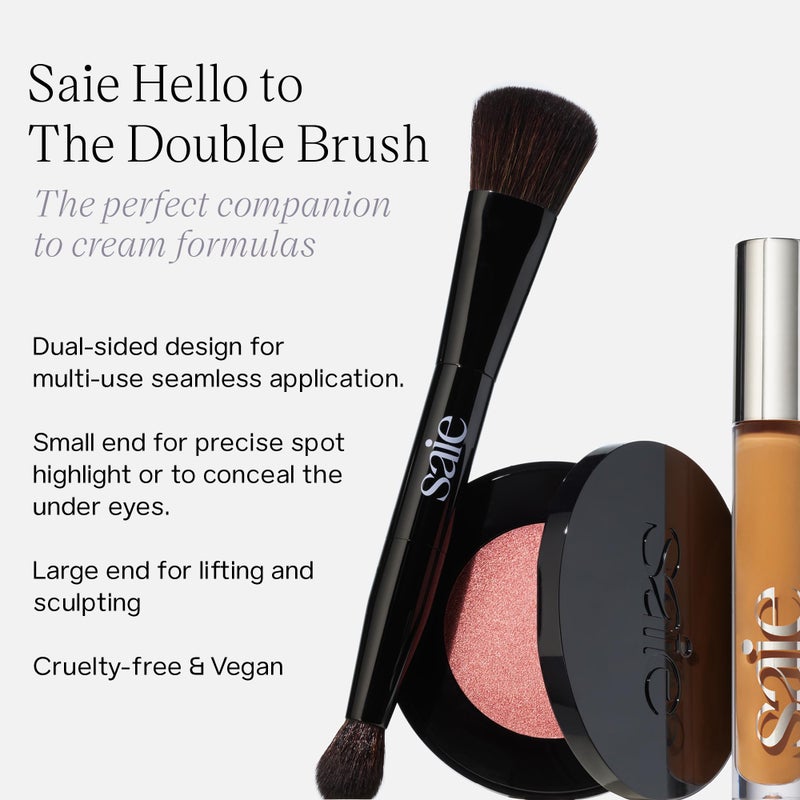 Saie The Double Brush - Dual Ended Makeup Brush For Powder and Cream Formulas - 2 Ultra-Soft Makeup Brushes in 1 for Precise + All-Over Application - Conceal, Highlight, and Sculpt - Vegan (1 Count) - Image 2