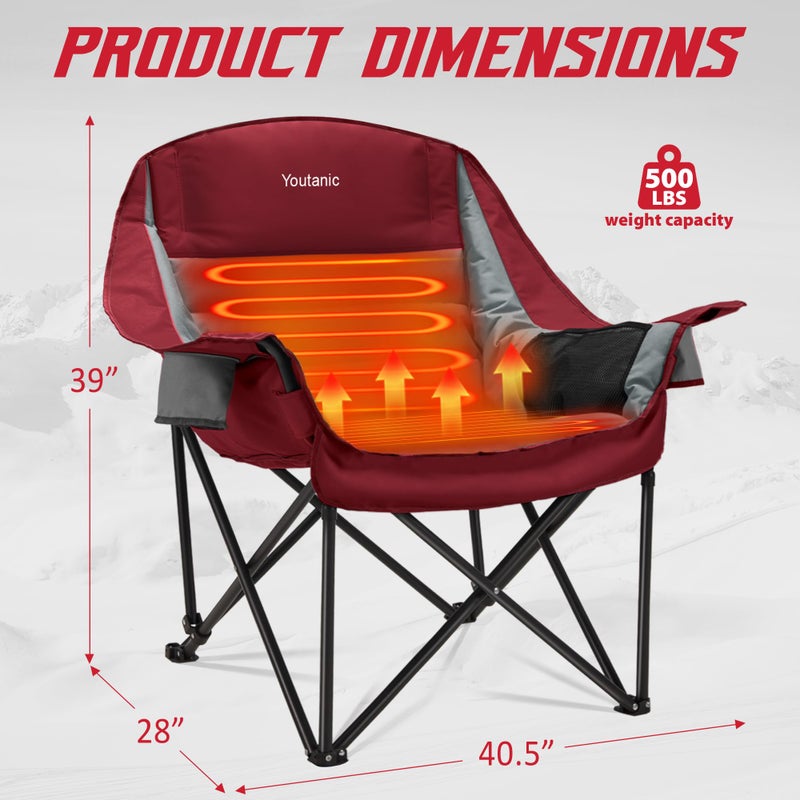 Youtanic Heated Camping Chair, 3 Heat Levels Oversized Padded Lawn Chair with Side Pockets and Cup Holder, Outdoor Heating Folding Camp Chair for Adults, Fishing, Sports, Picnic, up to 500lbs, Style 3 - Image 2