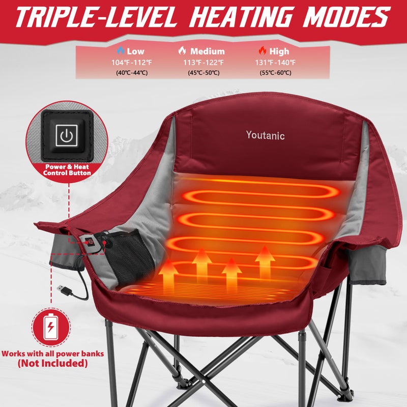 Youtanic Heated Camping Chair, 3 Heat Levels Oversized Padded Lawn Chair with Side Pockets and Cup Holder, Outdoor Heating Folding Camp Chair for Adults, Fishing, Sports, Picnic, up to 500lbs, Style 3 - Image 3
