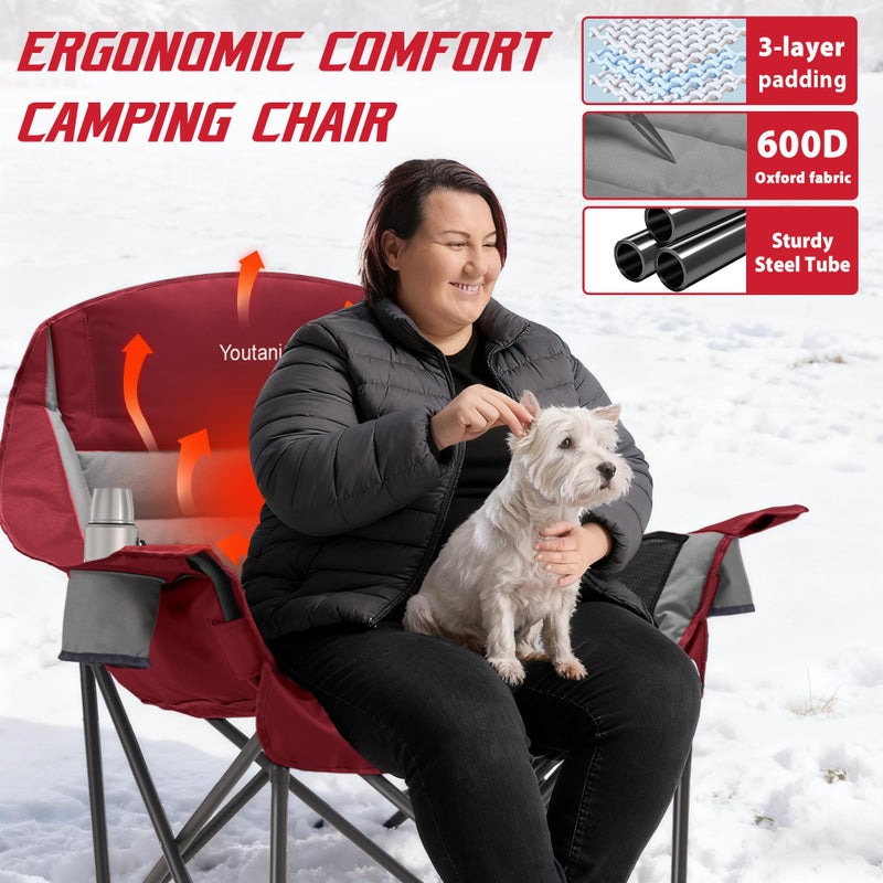 Youtanic Heated Camping Chair, 3 Heat Levels Oversized Padded Lawn Chair with Side Pockets and Cup Holder, Outdoor Heating Folding Camp Chair for Adults, Fishing, Sports, Picnic, up to 500lbs, Style 3 - Image 5