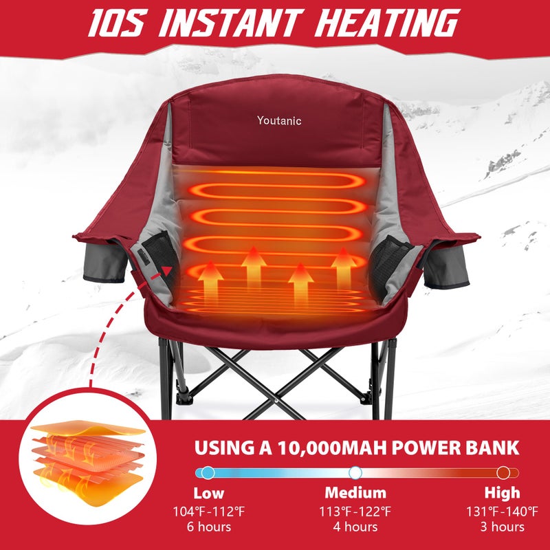 Youtanic Heated Camping Chair, 3 Heat Levels Oversized Padded Lawn Chair with Side Pockets and Cup Holder, Outdoor Heating Folding Camp Chair for Adults, Fishing, Sports, Picnic, up to 500lbs, Style 3 - Image 4