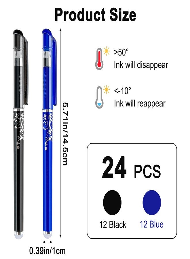 HOSTK 24pcs Erasable Gel Pens, 12 Black &12 Blue Rollerball Pens with Erasers, Fine Point 0.35mm, Make Mistakes Disappear, Black & Blue Ink Writing instruments for Drawing Writing School Supplies - Image 2