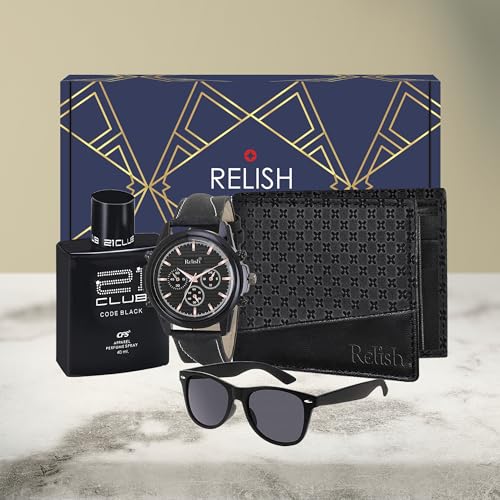 Relish مجموعة هدايا ريليش - علبة ساعة بحزام جلدي أنالوج، محفظة سوداء، عطر ونظارات شمسية للرجال - Image 2