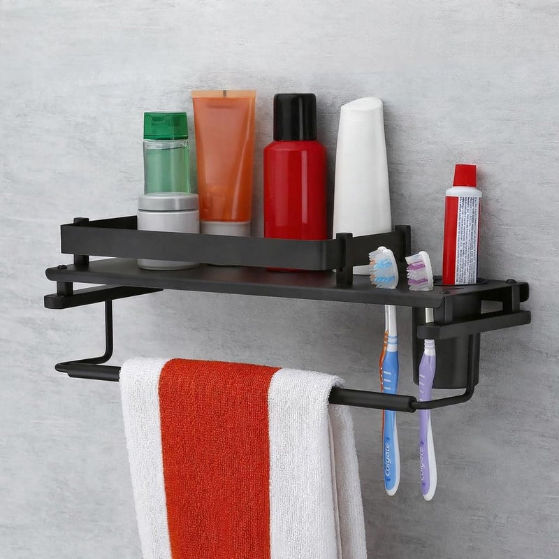 FERIO 3 in 1 Bathroom Shelf Stainless Steel Multipurpose Bathroom Shelves | Towel Bar | Napkin Holder | Thumber Holder | Rack Bathroom Accessories for Home Black Finish (15 * 5 Inches) - Pack of 1 - Image 2