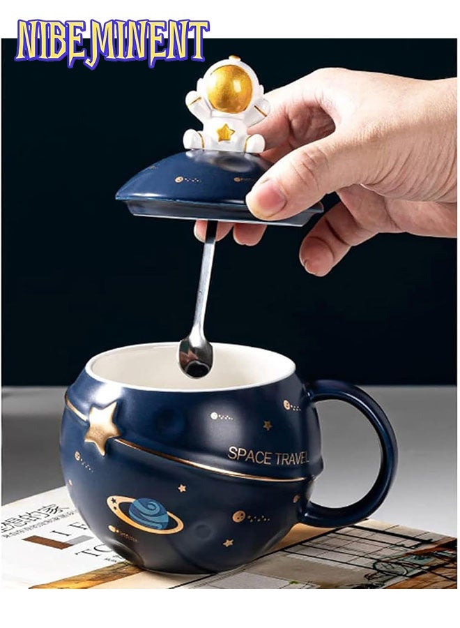 NIBEMINENT Astronaut Cup Space Embossed Planet Mug, Cute Ceramic Coffee Mug, Novelty Mug with Lid and Spoon for Coffee, Tea, Milk, Aesthetic Room Decor Funny Gift Birthday for Girl Boy Women (dark blue) - Image 4