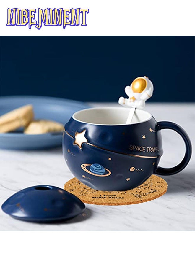 NIBEMINENT Astronaut Cup Space Embossed Planet Mug, Cute Ceramic Coffee Mug, Novelty Mug with Lid and Spoon for Coffee, Tea, Milk, Aesthetic Room Decor Funny Gift Birthday for Girl Boy Women (dark blue) - Image 3