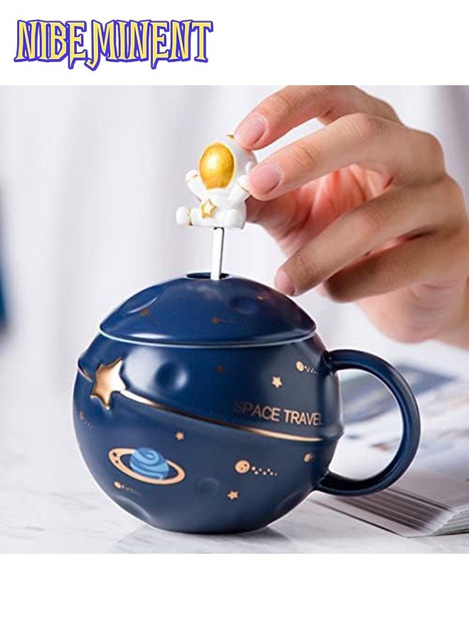 NIBEMINENT Astronaut Cup Space Embossed Planet Mug, Cute Ceramic Coffee Mug, Novelty Mug with Lid and Spoon for Coffee, Tea, Milk, Aesthetic Room Decor Funny Gift Birthday for Girl Boy Women (dark blue) - Image 1