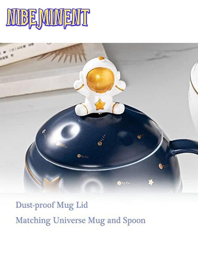 NIBEMINENT Astronaut Cup Space Embossed Planet Mug, Cute Ceramic Coffee Mug, Novelty Mug with Lid and Spoon for Coffee, Tea, Milk, Aesthetic Room Decor Funny Gift Birthday for Girl Boy Women (dark blue) - Image 2